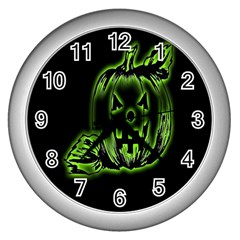 Pumpkin Black Halloween Neon Green Face Mask Smile Wall Clocks (silver)  by Alisyart