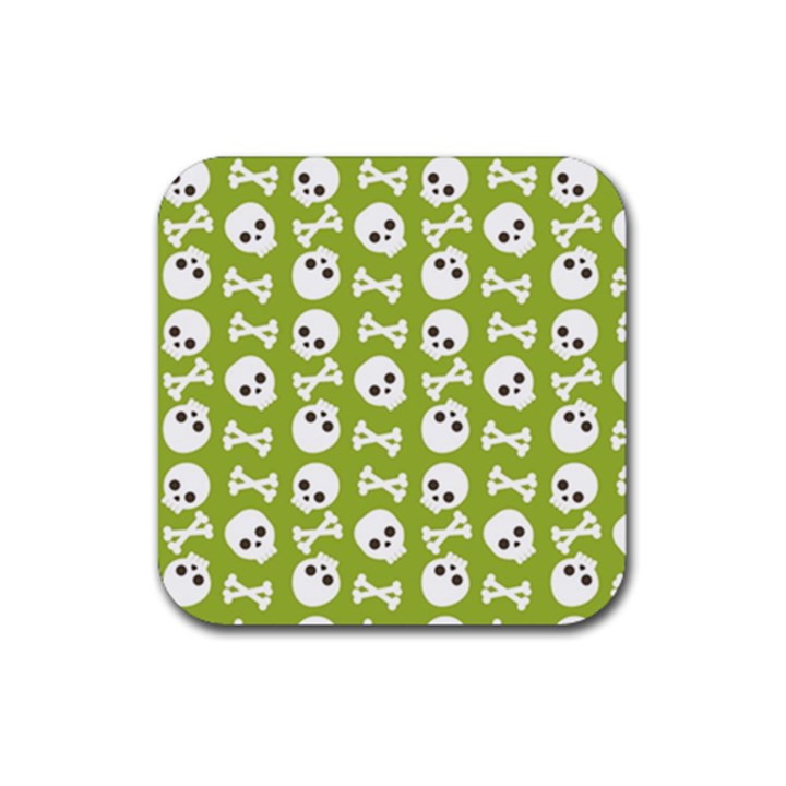 Skull Bone Mask Face White Green Rubber Coaster (Square) 