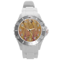 Japanese Geisha With Cat Illustration Round Plastic Sport Watch (l) by paulaoliveiradesign