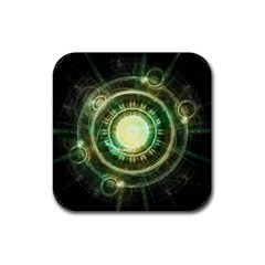 Green Chaos Clock, Steampunk Alchemy Fractal Mandala Rubber Coaster (square)  by jayaprime