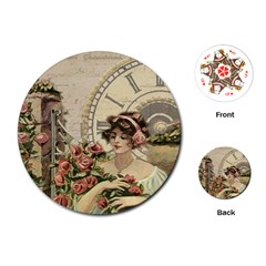 French Vintage Girl Roses Clock Playing Cards (round)  by Celenk