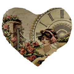 French Vintage Girl Roses Clock Large 19  Premium Flano Heart Shape Cushions by Celenk