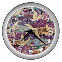 Textile Fabric Cloth Pattern Wall Clocks (silver)  by Celenk