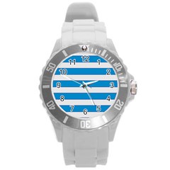 Blue And White Lines Round Plastic Sport Watch (l) by berwies