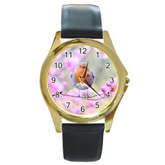 Spring Bird Bird Spring Robin Round Gold Metal Watch by Celenk