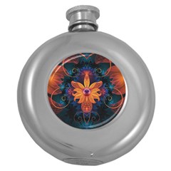 Beautiful Fiery Orange & Blue Fractal Orchid Flower Round Hip Flask (5 Oz) by jayaprime