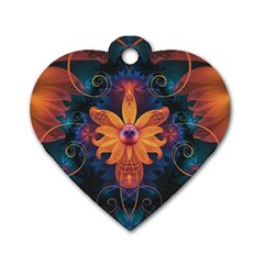 Beautiful Fiery Orange & Blue Fractal Orchid Flower Dog Tag Heart (two Sides)