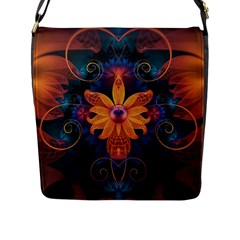 Beautiful Fiery Orange & Blue Fractal Orchid Flower Flap Messenger Bag (l)  by jayaprime
