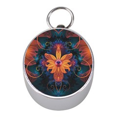 Beautiful Fiery Orange & Blue Fractal Orchid Flower Mini Silver Compasses by jayaprime