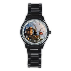 Wonderful Seascape With Mushroom House Stainless Steel Round Watch by FantasyWorld7