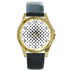 Square Pattern Monochrome Round Gold Metal Watch by Celenk