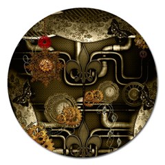 Wonderful Noble Steampunk Design, Clocks And Gears And Butterflies Magnet 5  (round) by FantasyWorld7
