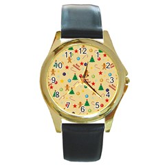 Christmas Pattern Round Gold Metal Watch by Valentinaart