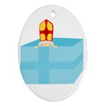 Funny Cute Kids Art St.Nicholas St. Nick Sinterklaas hiding in a Gift Box Ornament (Oval)