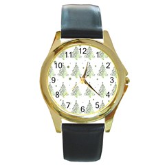 Christmas Tree - Pattern Round Gold Metal Watch