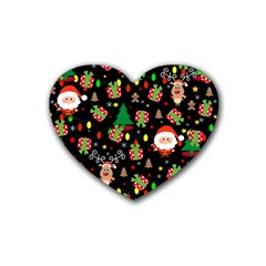 Santa And Rudolph Pattern Rubber Coaster (heart)  by Valentinaart