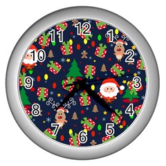 Santa And Rudolph Pattern Wall Clocks (silver)  by Valentinaart