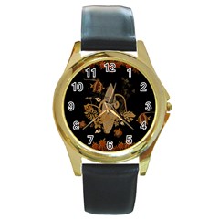 Hawaiian, Tropical Design With Surfboard Round Gold Metal Watch by FantasyWorld7