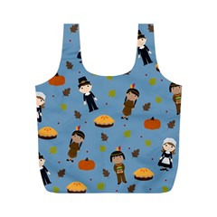 Pilgrims And Indians Pattern - Thanksgiving Full Print Recycle Bags (m)  by Valentinaart