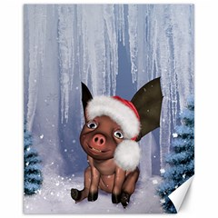 Christmas, Cute Little Piglet With Christmas Hat Canvas 11  X 14  