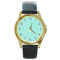 Classy Tiffany Aqua Blue Sailor Stripes Round Gold Metal Watch by PodArtist