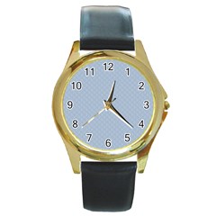 Powder Blue Stitched And Quilted Pattern Round Gold Metal Watch