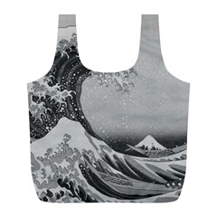 Black And White Japanese Great Wave Off Kanagawa By Hokusai Full Print Recycle Bags (l)  by PodArtist