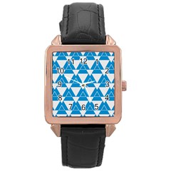 Blue & White Triangle Pattern  Rose Gold Leather Watch  by berwies