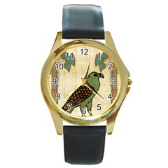 Egyptian Paper Papyrus Bird Round Gold Metal Watch by Celenk