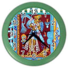 Mexico Puebla Mural Ethnic Aztec Color Wall Clocks by Celenk