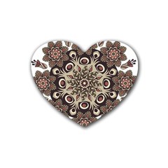 Mandala Pattern Round Brown Floral Rubber Coaster (heart)  by Celenk