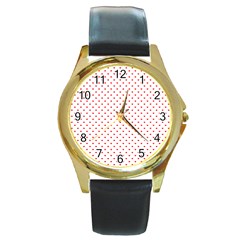 Small Christmas Red Polka Dot Hearts On Snow White Round Gold Metal Watch