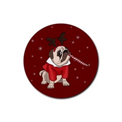 Pug Xmas Rubber Round Coaster (4 Pack)  by Valentinaart