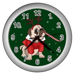 Pug Xmas Wall Clocks (silver)  by Valentinaart
