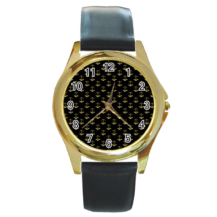 Gold Scales Of Justice on Black Repeat Pattern All Over Print  Round Gold Metal Watch