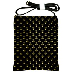 Gold Scales Of Justice On Black Repeat Pattern All Over Print  Shoulder Sling Bags by PodArtist