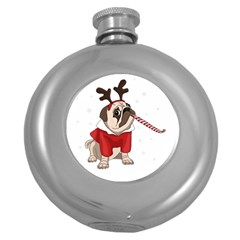 Pug Xmas Round Hip Flask (5 Oz) by Valentinaart