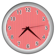 Small Snow White And Christmas Red Gingham Check Plaid Wall Clocks (silver)  by PodArtist