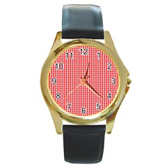 Small Snow White And Christmas Red Gingham Check Plaid Round Gold Metal Watch