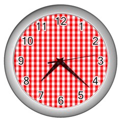 Large Christmas Red And White Gingham Check Plaid Wall Clocks (silver)  by PodArtist
