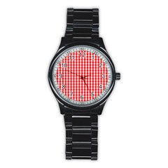 Large Christmas Red And White Gingham Check Plaid Stainless Steel Round Watch