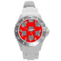 Black And White Red Patterns Round Plastic Sport Watch (l) by Celenk