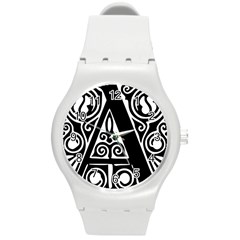 Alphabet Calligraphy Font A Letter Round Plastic Sport Watch (m) by Celenk