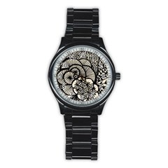 Background Abstract Beige Black Stainless Steel Round Watch by Celenk