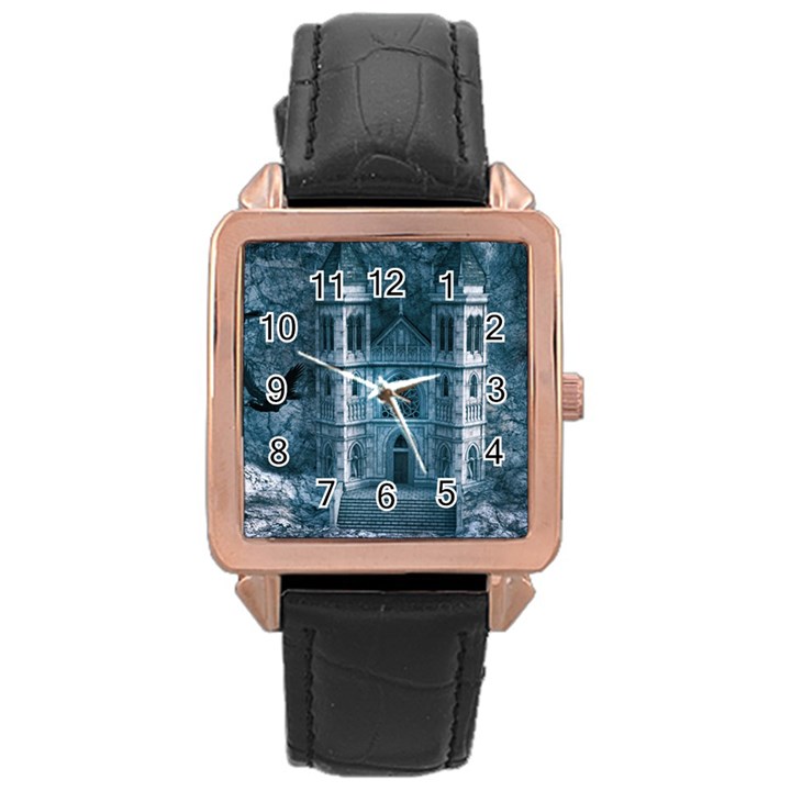 Church Stone Rock Building Rose Gold Leather Watch 