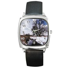 Winter Bach Wintry Snow Water Square Metal Watch by Celenk