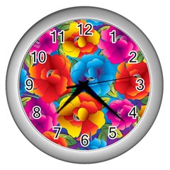 Neon Colored Floral Pattern Wall Clocks (silver)  by allthingseveryone