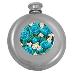 Light Blue Roses And Daisys Round Hip Flask (5 Oz) by allthingseveryone