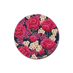 Pink Roses And Daisies Rubber Round Coaster (4 Pack)  by allthingseveryone