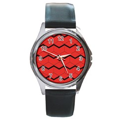 Red Box Pattern Round Metal Watch by berwies